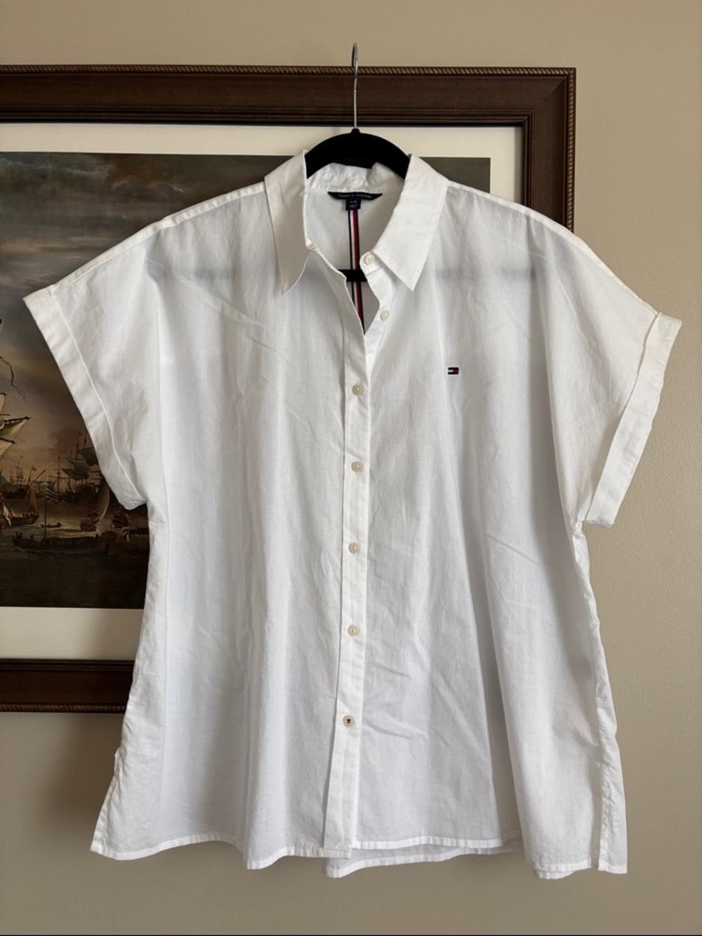 Tommy Hilfiger Boxy White Short-Sleeve Button-Up Shirt, Size L